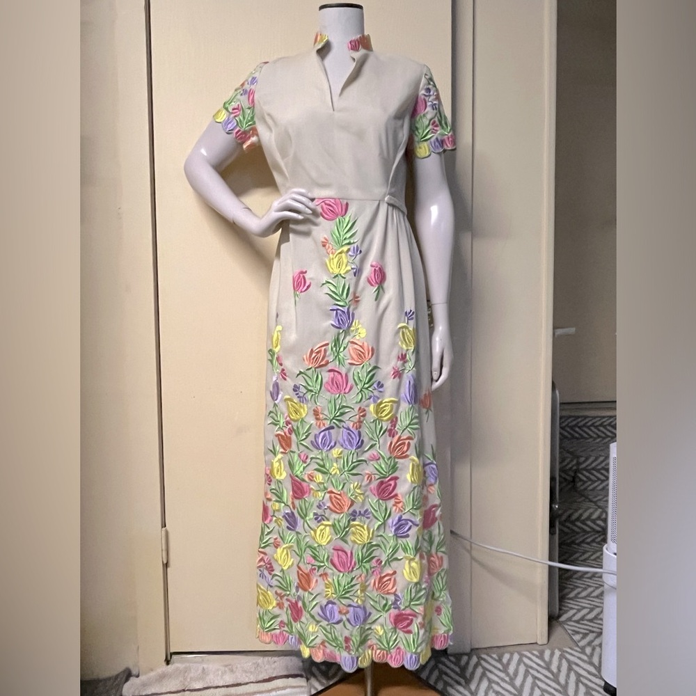 Vintage handmade 1960s 1970s floral embroidered maxi dress